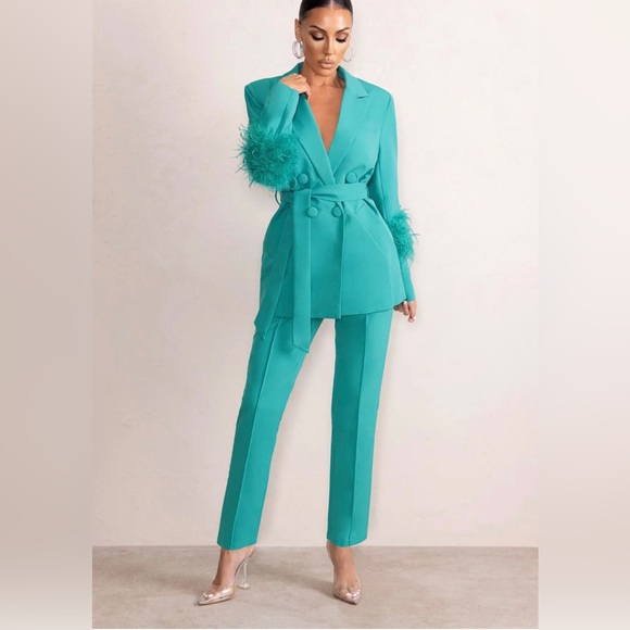 Turquoise Blazer with Feathers and Turquoise Pants - Picture 1 of 2